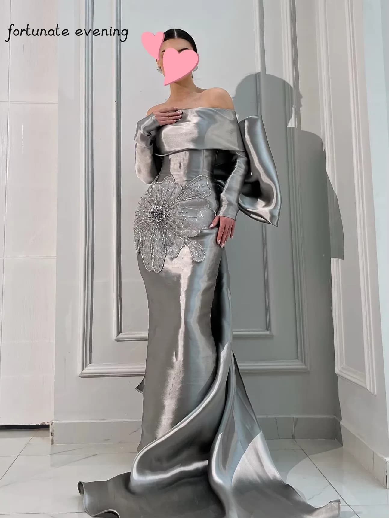 Fortunate Evening Elegant Vintage Sweet Silver Bow Satin Flower Crystal Customize Formal Occasion Prom Dress Evening Party Gowns