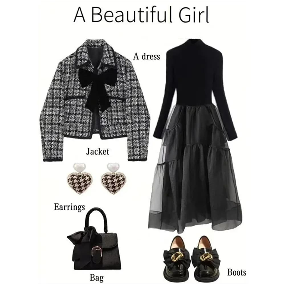 Women Autumn Winter Preppy Style Plaid Bowknot Wool Coats Dress 1 or Two Piece Set Lady Falls New Loose Jackets Skirts Outfits