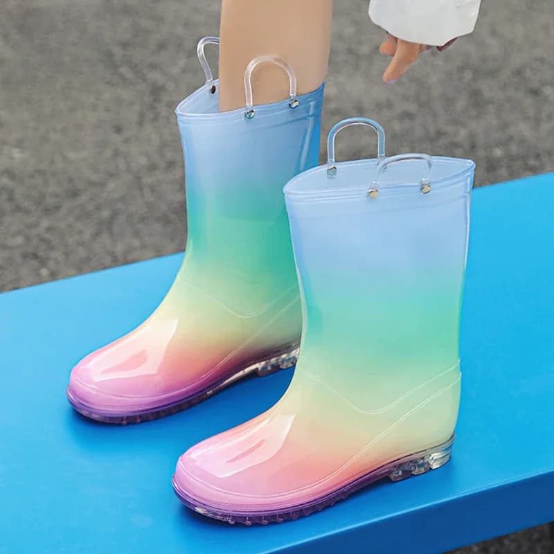 Women Rainbow Rain Boots Clear Round Toe Flat Pull on Mid Calf Boot Luxury Designer WaterProof Jelly Soles Women Shoes YUYIN