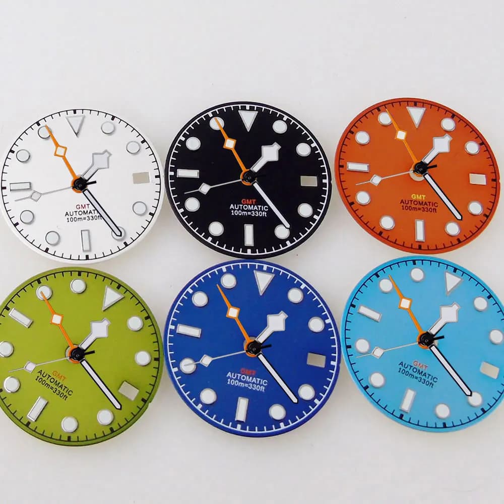 Watch Modify Parts 29MM Sterile Sky Blue Black Green White Dial Snowflake Needle With date windows Green Lume Fit NH34 NH34A