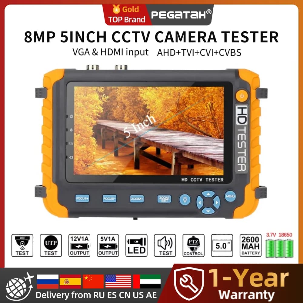 PEGATAH 8MP CCTV Security Camera Tester IV8W 5Inch CCTV Monitor AHD/CVI/TVI CVBS Analog CCTV Cameras Tester HDMI VGA Input