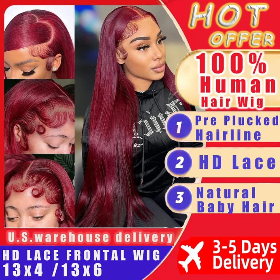 99j Burgundy 13x4 13x6 Full Frontal Lace Brazilian Preplucked Colored Straight Frontal Wigs HD Transparent Lace Human Hair Wigs