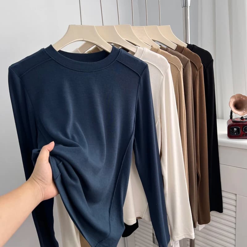 Slim Fit Striped Pit Solid Basic Tops Round Neck Long Sleeved T-shirt Women's Spring  Autumn Inner Layup Bright Thread Tee