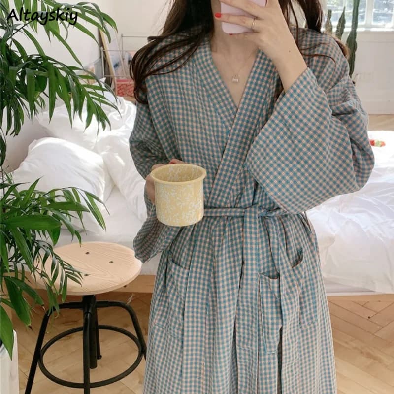 Plaid Robes Women Spring Simple Loose Homewear All-match Ins Korean Fashion Mid-calf Pockets Vintage Comfort Bathrobe College