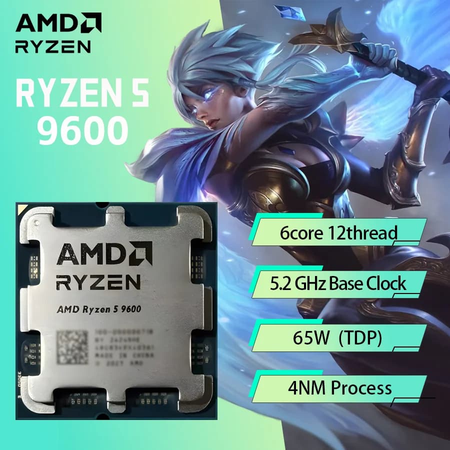 New  AMD Ryzen 5 9600 R5 9600 5.2GHz 6-Core 12-Thread 4NM 38M Socket AM5 Thread CPU Processor  New but without fan Game Cache