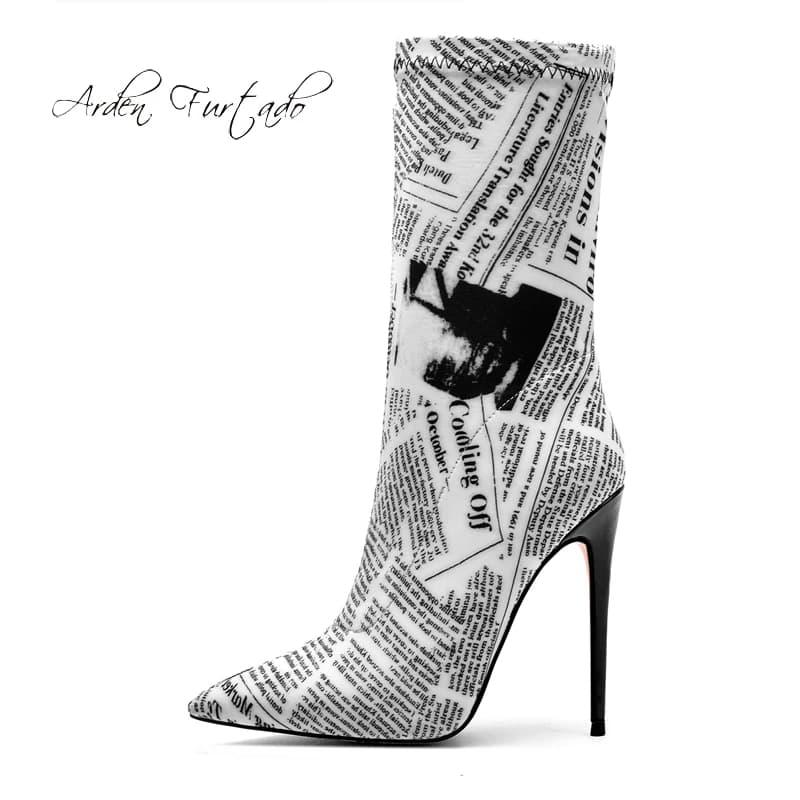 Arden Furtado Spring Autumn Printing Stretch Fabric Short boots Pointed toe Patchwork Slip-on Super high heel Skinny boots