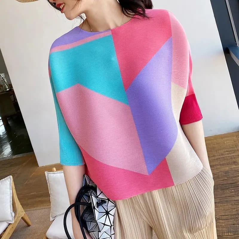 Fashion Contrast Color T-shirt Women's Pleated 2023 New Premium Summer  oversized t shirt  ropa mujer
