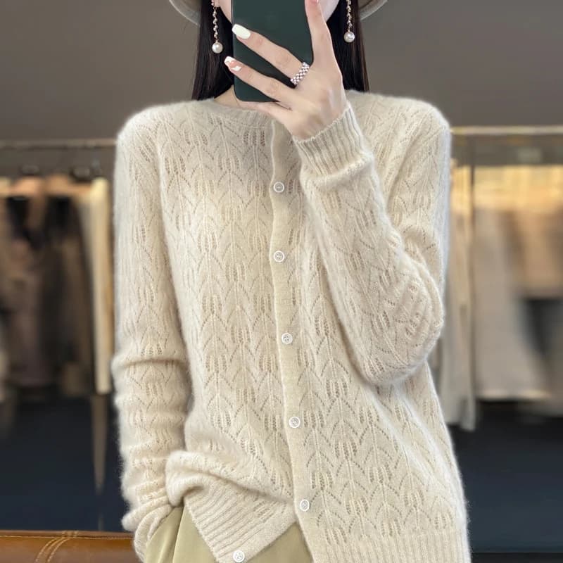Round Neck 100% Merino Wool Cardigan Spring Autumn New Hollow Out Fashion Long Sleeved Solid Color Knitted Cardigan Sweater Top