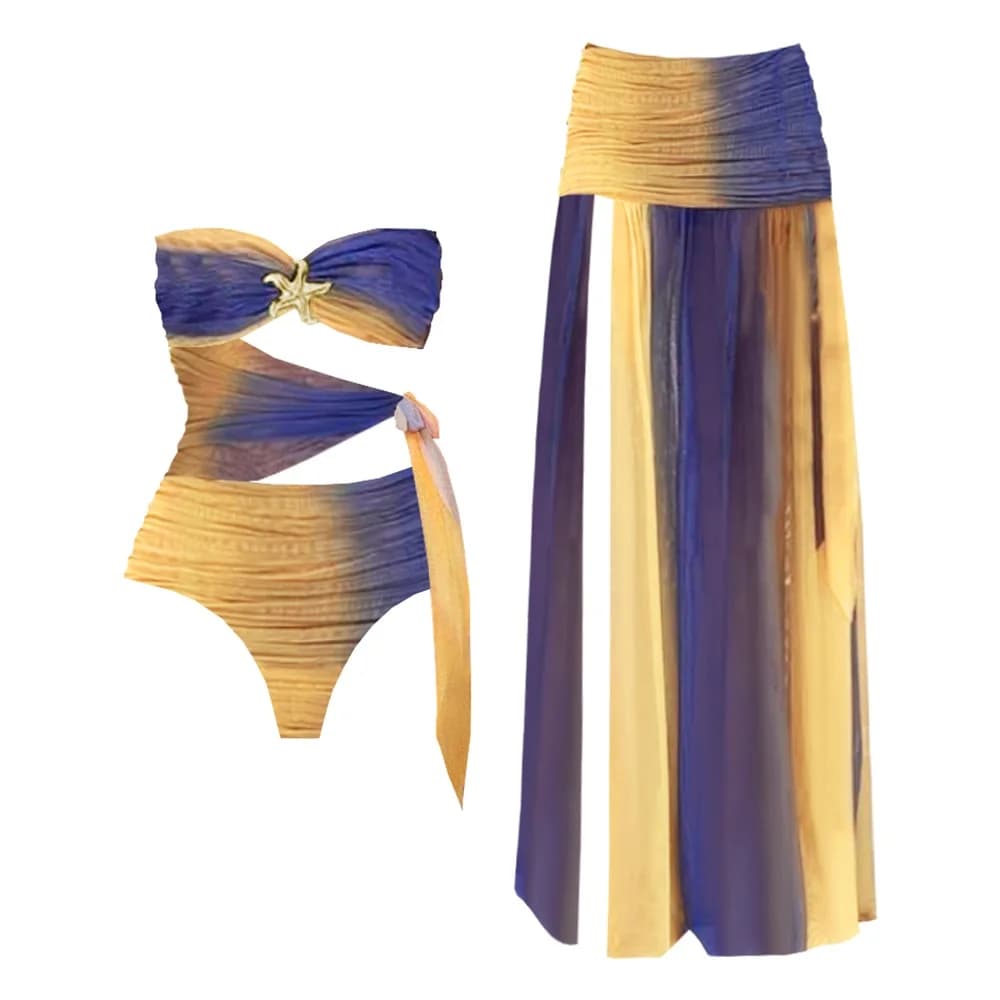 2 Pcs Hollow Swimsuit Sexy Women Bikini 2025 Cut Out Swimwear Female Swimming Suit Long Skirt Deep V Biquini Bodysuit Beachwear