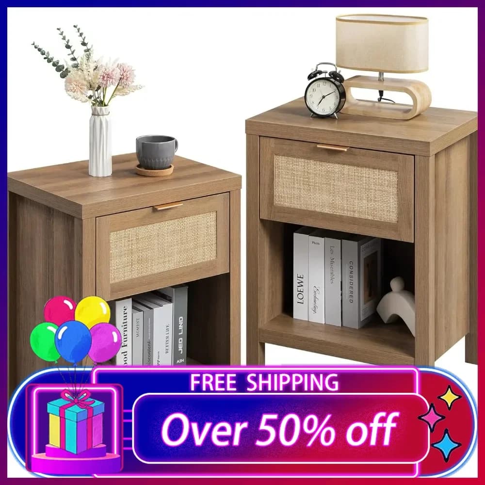 Rattan Nightstand Set of 2 - Night Stand with Drawer and Storage Shelf -  End Tables Side Table Accent Table for Bedroom