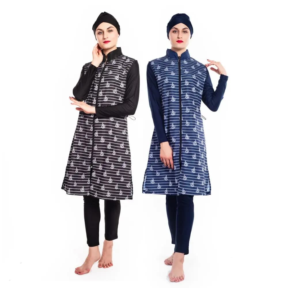 Burkini Muslim Swimsuit for Women, Plus-sized Swimwear, Blue Striped, Floral Printed, Plus Size, S-4XL, 3Pcs