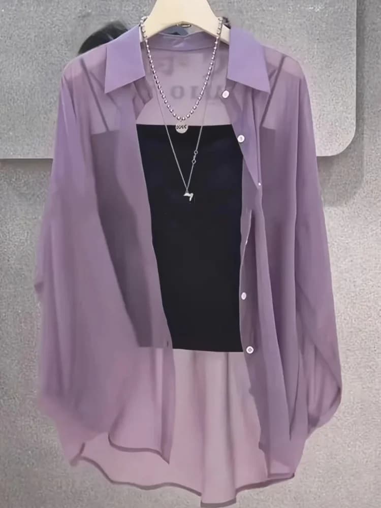 Plus Size Women’s Shirts 2025 Summer Breathable and Sun-Proof Ice Silk with Button Thin Loose Sheer Chiffon Blouses Long Sleeve