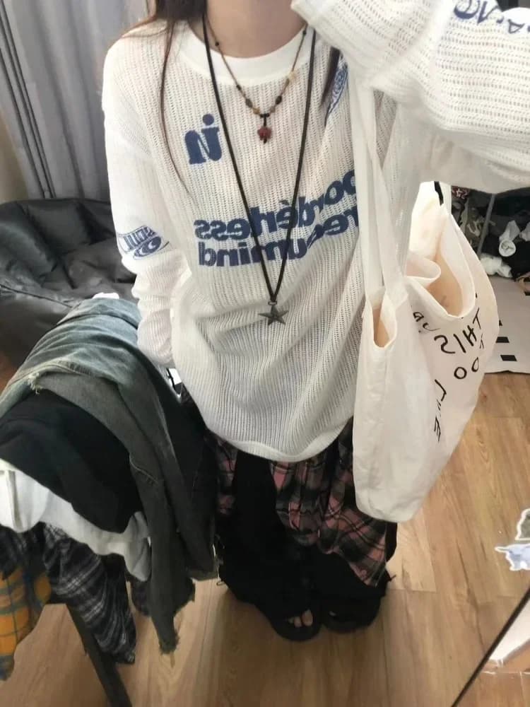 HOUZHOU Y2k Kpop Oversize Women T-shirts Hollow Out Harajuku Sexy Gyaru Streetwear Long Sleeve Knitted Top Korean Fashion Casual