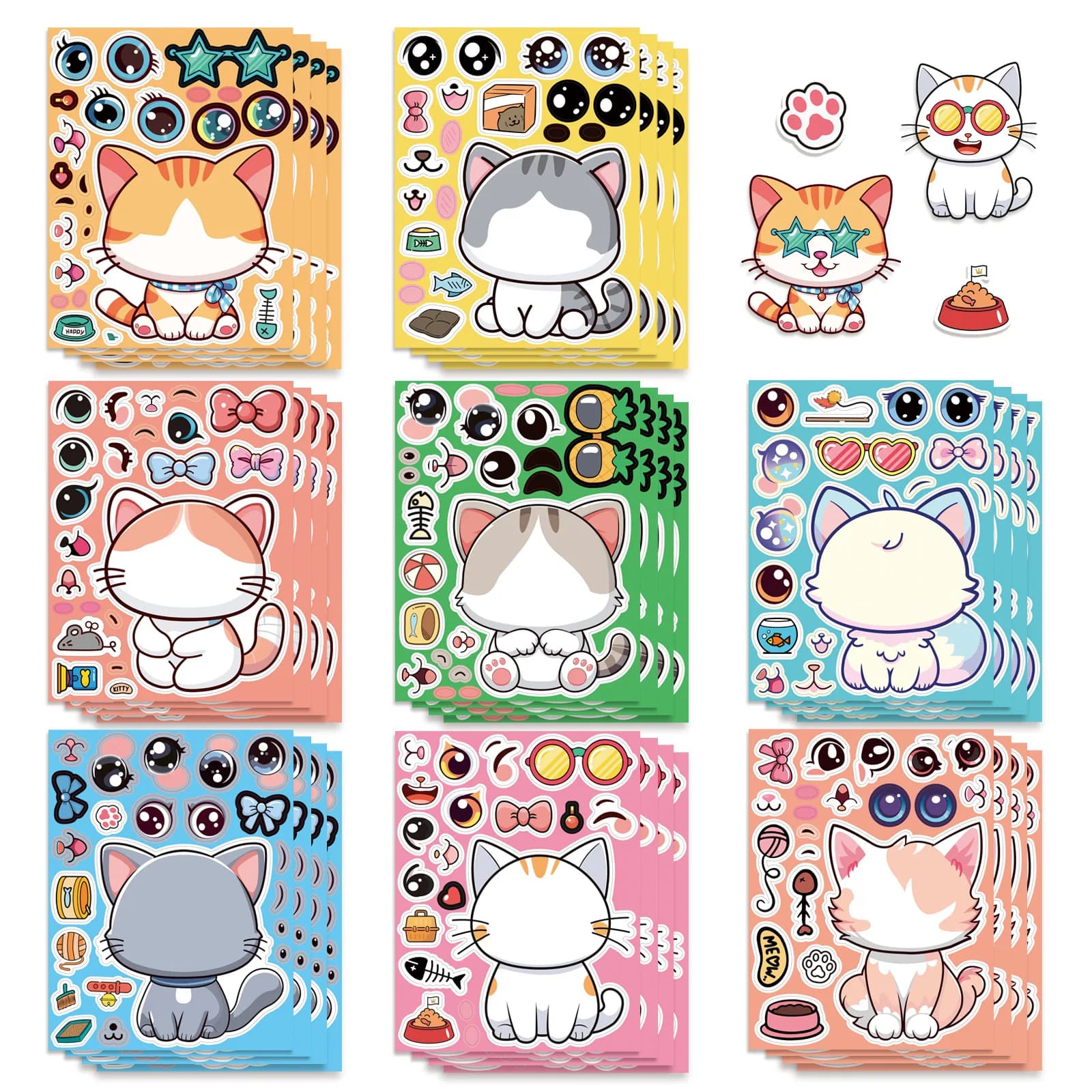 8 Sheets/Pack Cat Face Changing Stickers Children's DIY Puzzle Toy Decals Phone Laptop Luggage Refrigerator Decorative Stickers