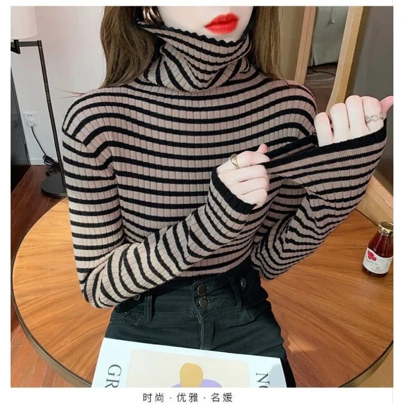 Striped Contrast Color Sweater Knitted Women's Clothing Turtleneck Casual Elegant Pullover Autumn Winter Office Lady Tops
