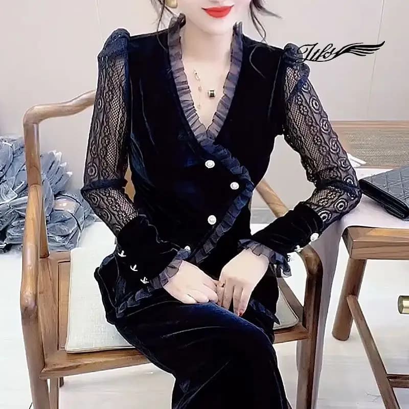 Women's Clothing Sexy Lace Patchwork Blouse Velvet Autumn Winter Fashion Asymmetrical Single-breasted Elegant V-Neck Slim Shirt
