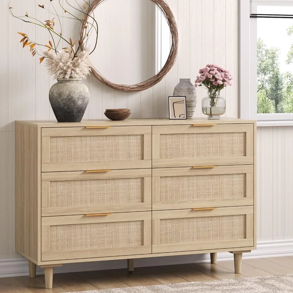 Rattan Dresser for Bedroom, 6 Drawer Wide Dresser, Boho&Farmhouse Chest of Drawers, 43" Clothes Storage Cabinet, Metal Handle