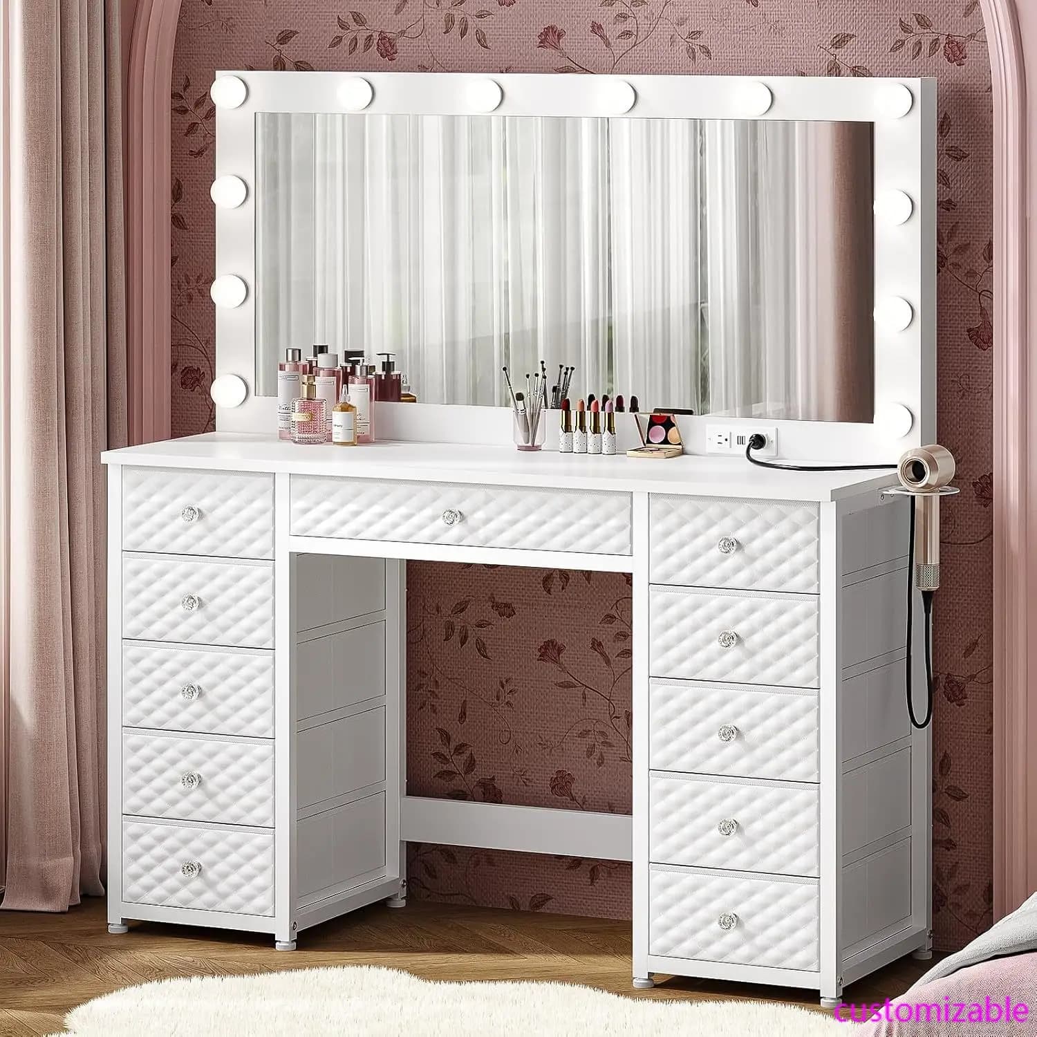 Vanity with Extra Large Mirror and Lights, Makeup Vanity with Power Strip, 45.3” Vanity Desk with Storage, Dressing Table
