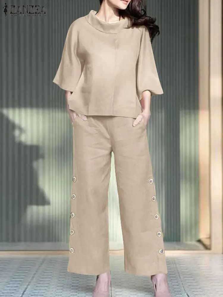 Elegant Women OL Work Suit Spring O Neck 3/4 Sleeve Blouse Wide Leg Pants ZANZEA Woman Tracksuits Casual Loose Matching Sets