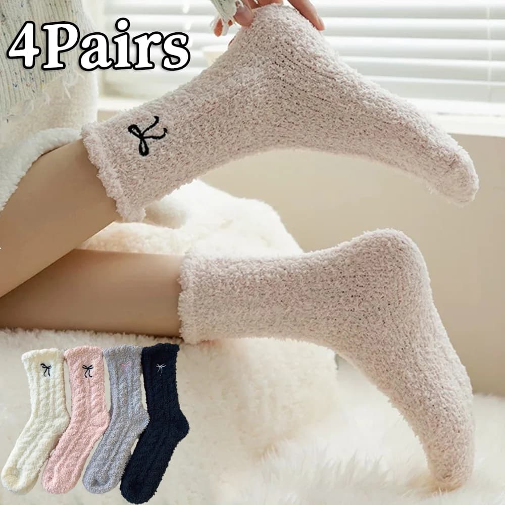 1/4Pairs Thick Plush Mid Tube Socks Women Coral Fleece Soild Color Thickened Warm Winter Harajuku Fashion Simple Home Sleep Sock