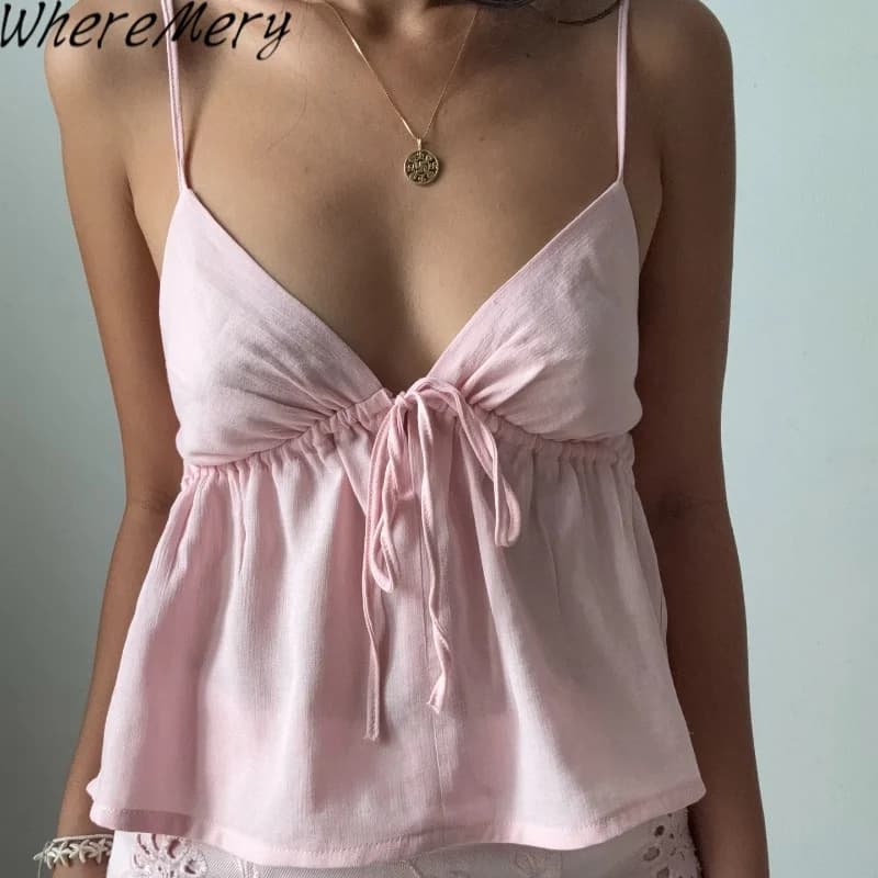 WhereMery Sexy Off Shoulder V-neck Backless Solid Crop Tops Y2K Casual Sleeveless Slim Tank Top Fashion New Daily Women Camisole