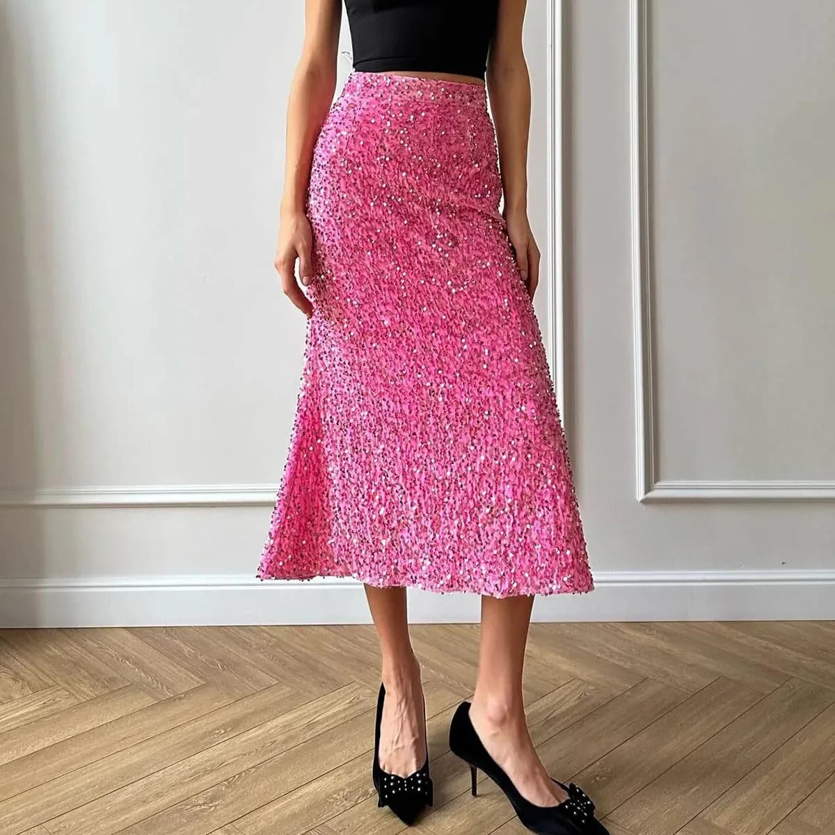 Sequin Decorated Pink Long Skirt High Waist Fairy Vintage Sparkly Bling Party Skirt Evening Dress Autumn/Winter Women Clothing