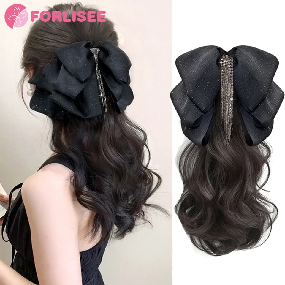 Synthetic Butterfly knot Tassel Hair Clip Claw Clip Ponytail Temperament Curly Hair Natural Heat-resistant Wig Ponytail