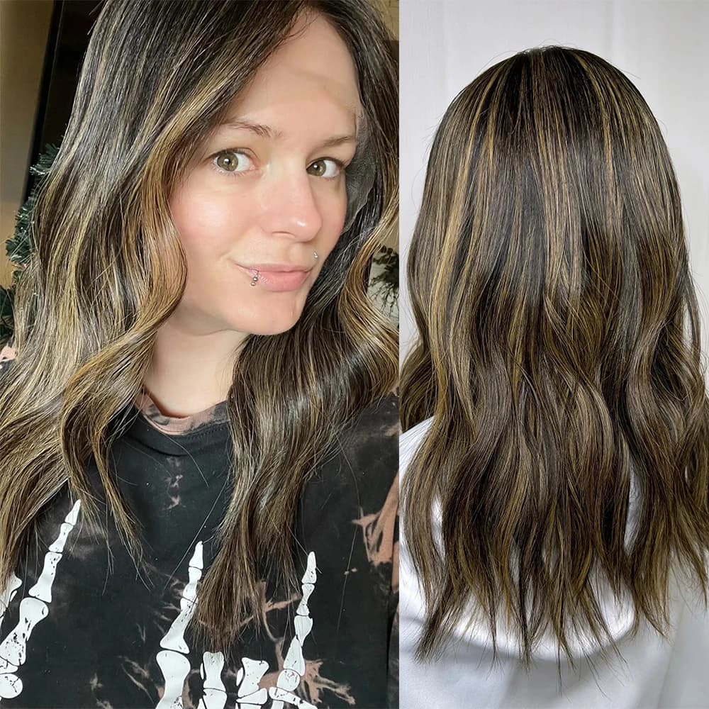 Brown Balayage Hair Lace Front Wig Virgin Premium 100% European Human Hair Wig 18” HD Invisible Lace Front Wig Glueless Wavy Wig