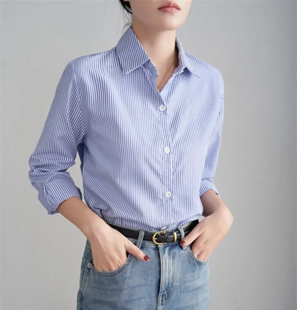 Blue Striped Shirt For Women Loose Spring Autumn Casual Long Sleeves Shirt Fashion Clothes For Ladies Office Lady Wear