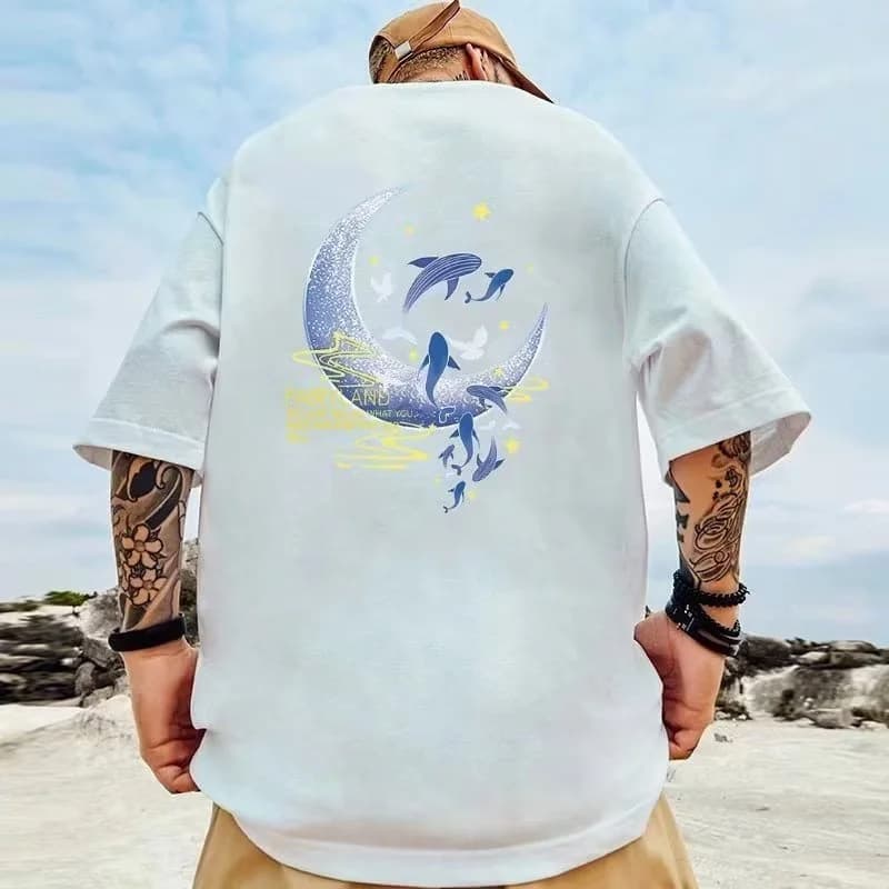 M-8XL Men Loose American Retro Style Whale Print Short Sleeved Round Neck Versatile Trendy Couple Outfit