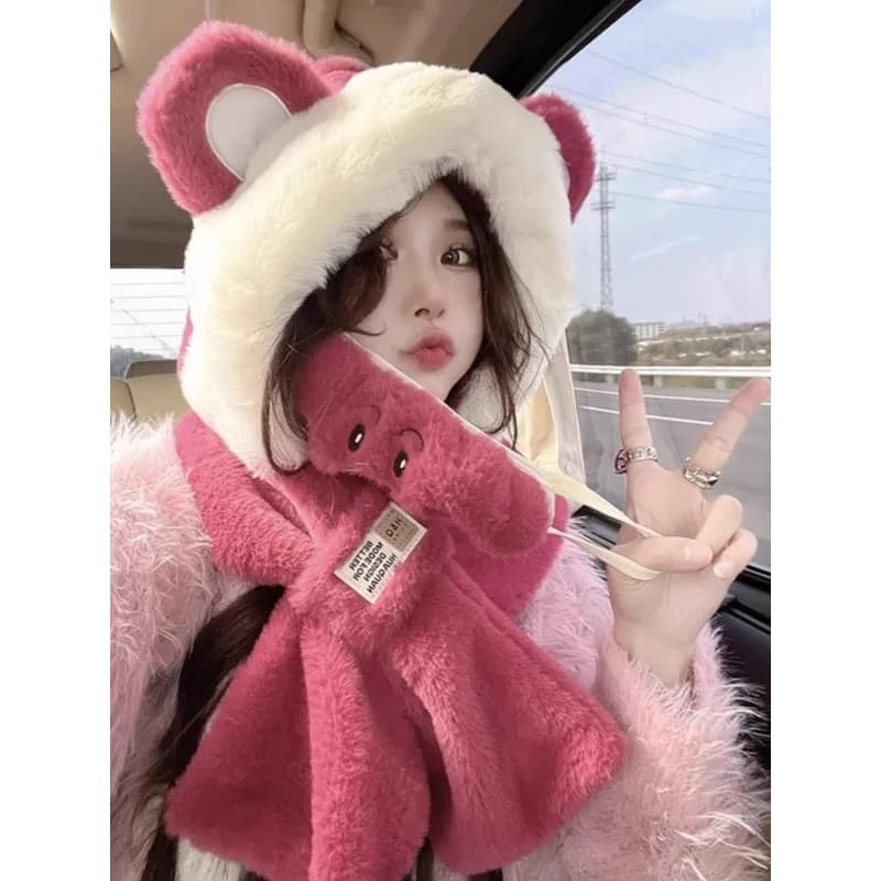 Women's Winter Windproof and Cold-proof Thickened Warmth Beanie Cap Ear Protection Soft Hooded Scarf Plush Cycling Cold Warm Hat