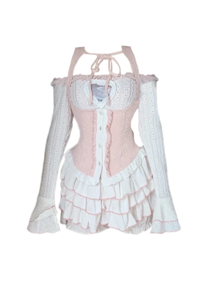 High Quality Formal Occasion Fashion 3 Piece Set Gyaru Sweet Vest+Square Collar Tops Flare Sleeve+90s Elastic Waist A-Line Skirt