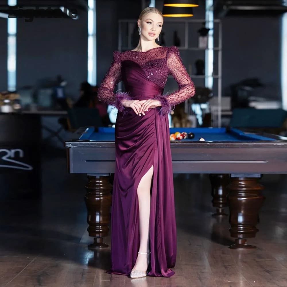 Eightale Elegant Evening Dresses with Feather Sequined Customized Long Sleeves Mermaid Prom Wedding Party Gown Robes De soirée