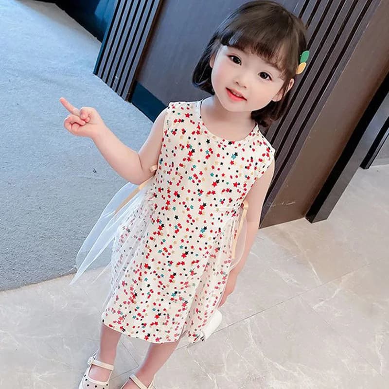 Girls' Dress Summer New Children's Korean Full Sky Star Print Round Neck Back Button Design Sleeveless Mesh Dresses Trend