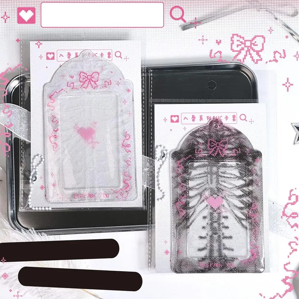 Rib X-ray Photocard Holder With Keychains Cute 3inch Cards Protect Sleeves Bowknot Students Key Chain Accessories Card Holder