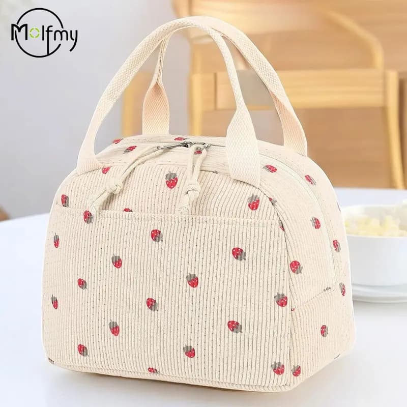 Corduroy Lunch Bag Thermal Insulation Lunch Box Storage Handbag Multifunctional Kid School Cooler Bag Picnic FoodPouch Loncheras