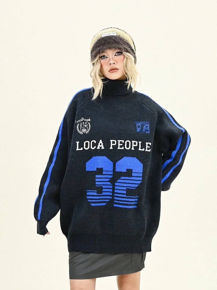 Striped letter turtleneck sweater women's 2024 winter new loose bf American trendy brand couple knitting