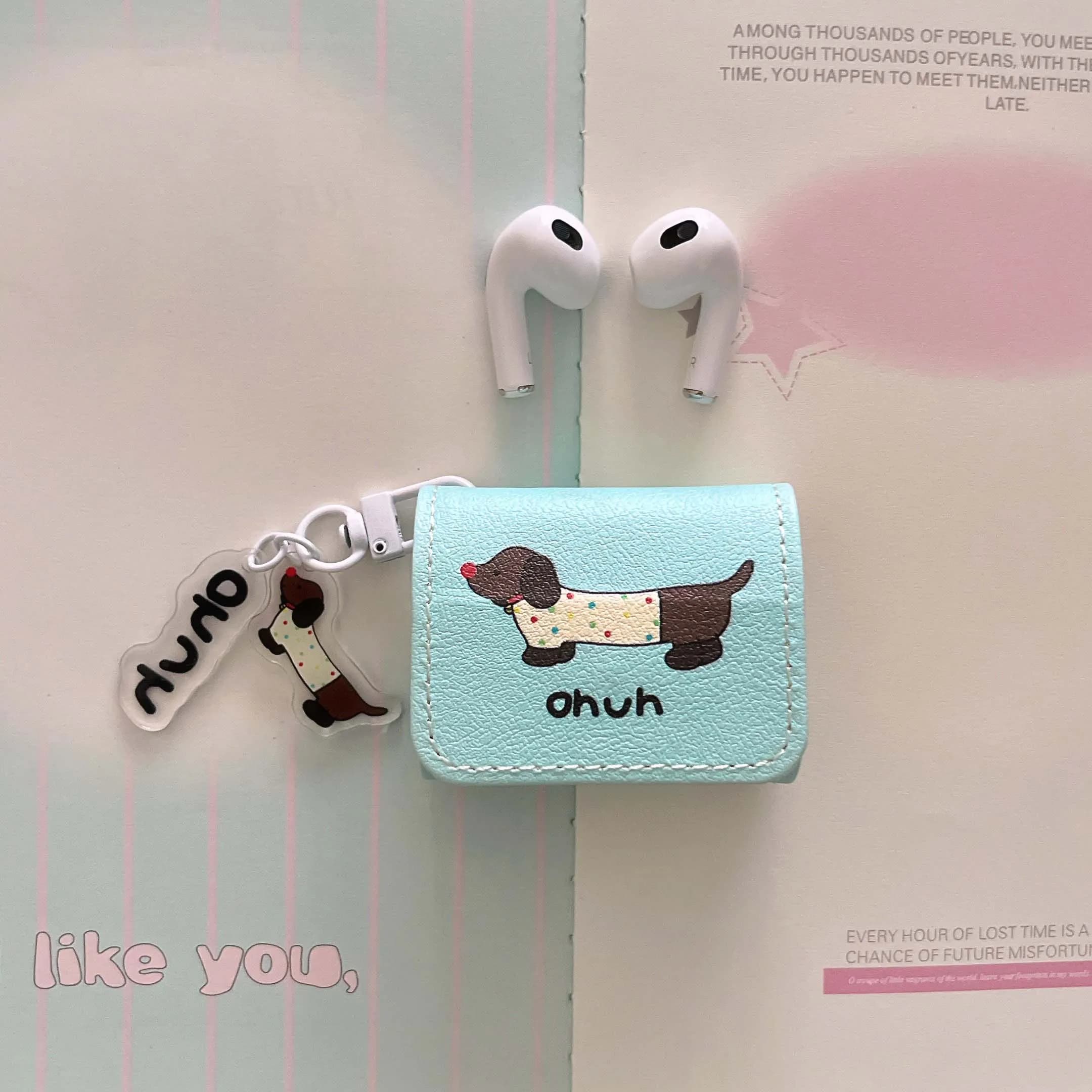 Mint green summer leather shocproof fundas for apple airpods 1 2 pro2nd 3 pro cartoon dachhund pendant charging box headset case