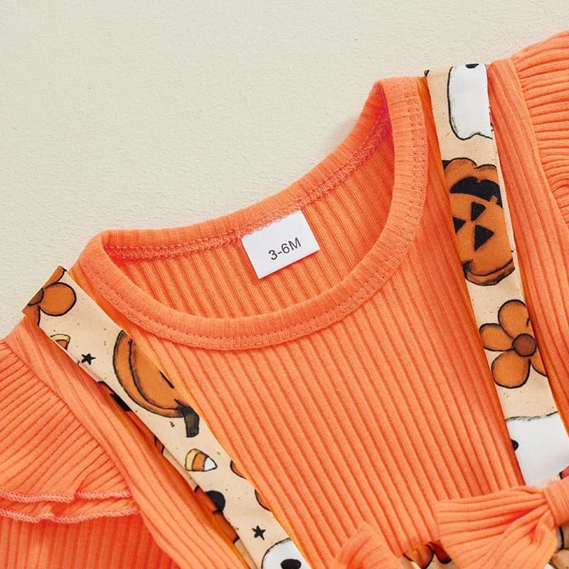 Newborn Girl Outfit Long Sleeve Crew Neck Pumpkin Ghost Print Patchwork Romper Dress with Headband Halloween Clothes
