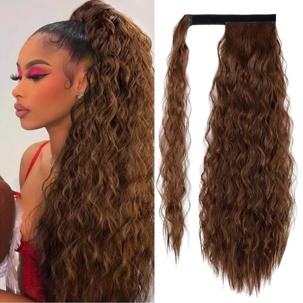 AZQUEEN Synthetic Corn Wavy Long Ponytail  Hairpiece Wrap on Clip Hair Extensions Ombre Brown Pony Tail Blonde Fack Hair