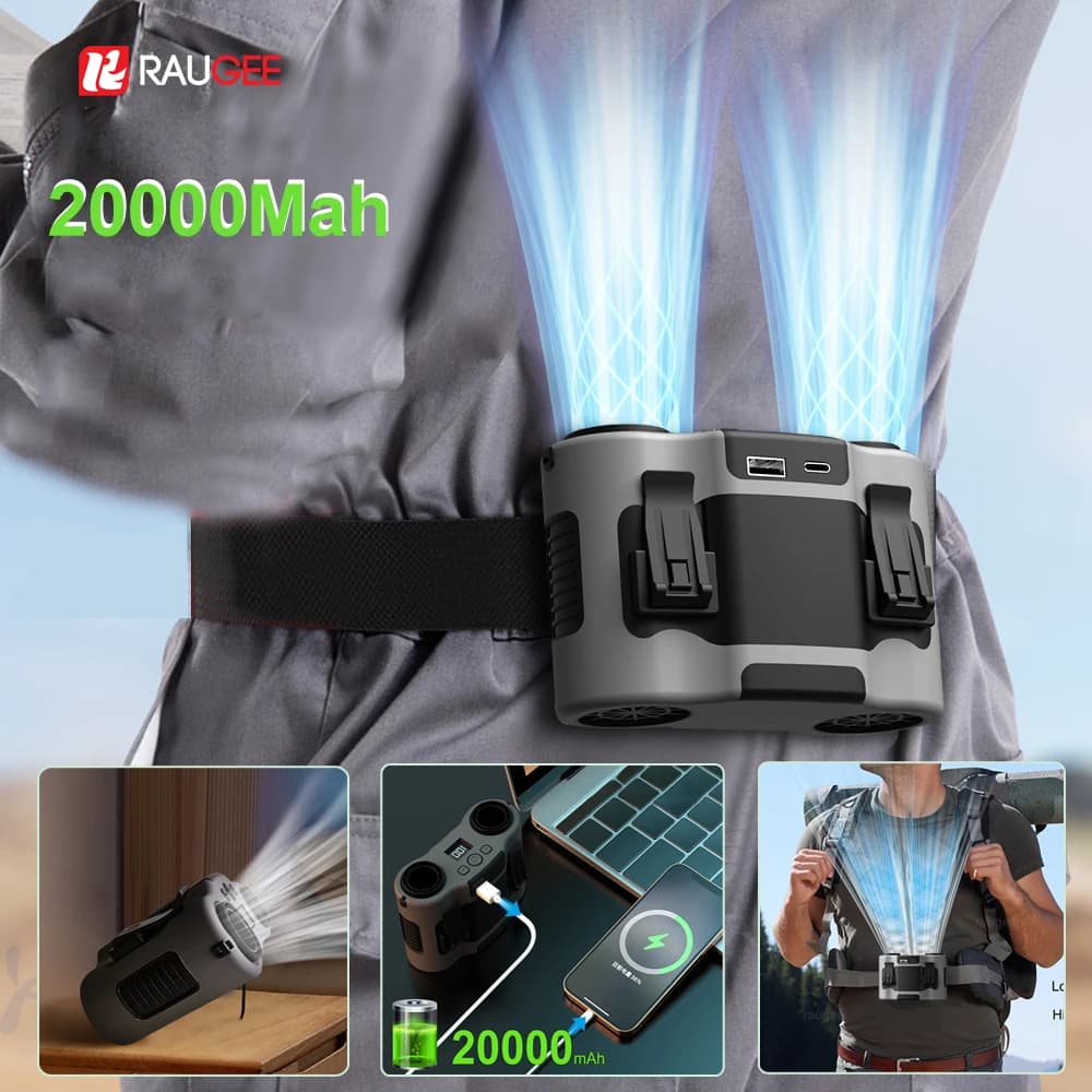 Portable Waist Clip Fan Wearable Mini USB Rechargeable Hanging Fan For Outdoor Working Double Air Outlet Waist Fan 20000Mah