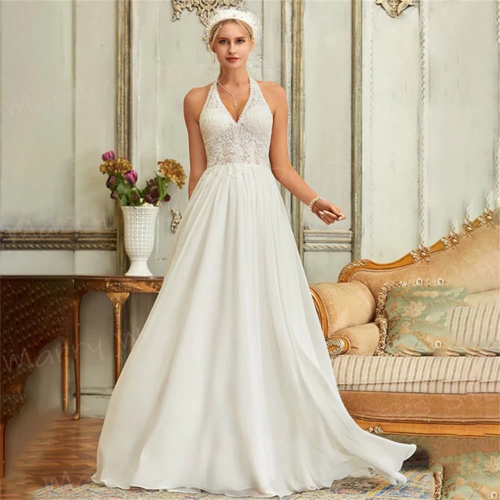 Modern A Line Women's Wedding Dresses Simple Appliques Lace Bride Gowns New Popular Halter Neck Sleeveless Vestidos Novias Boda