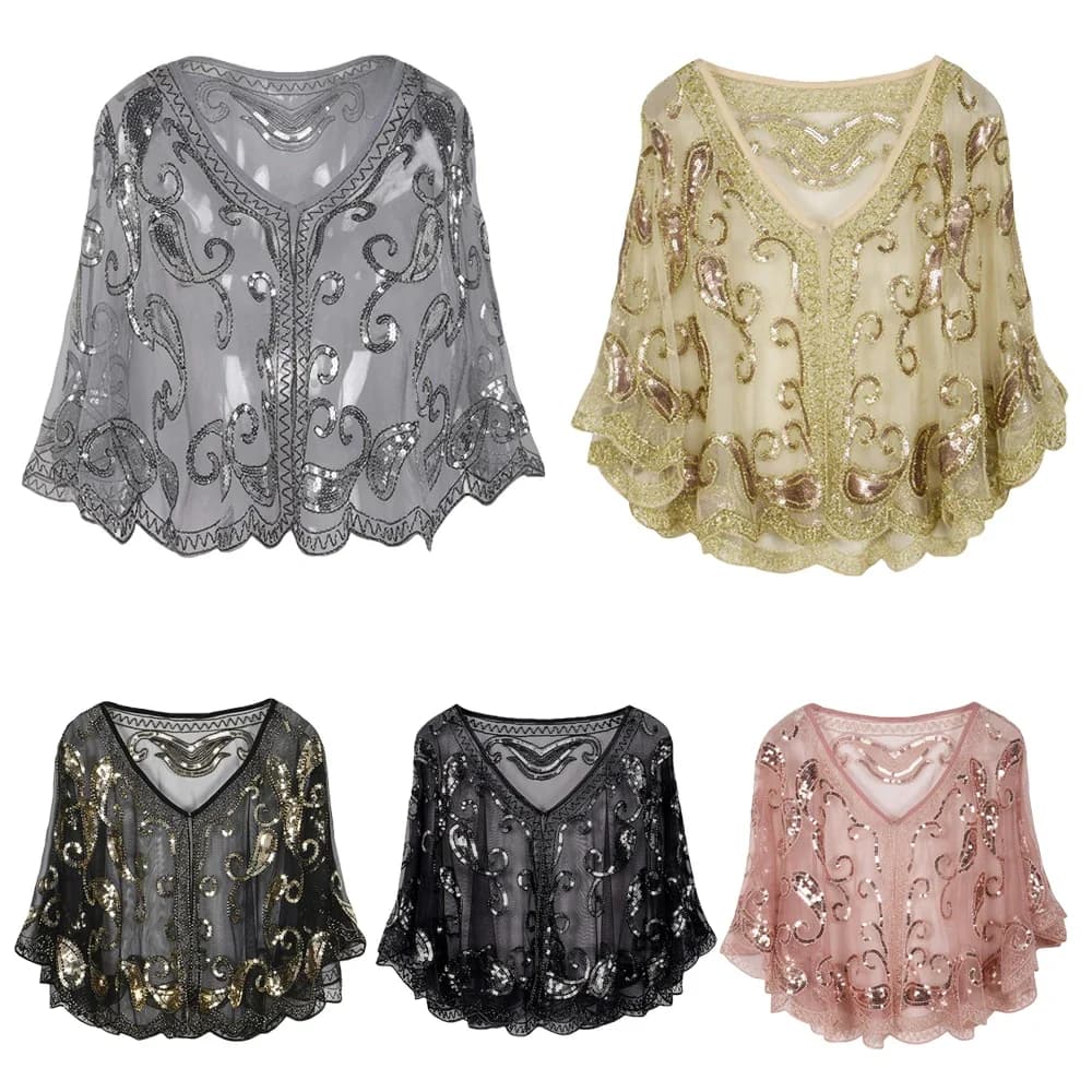 Vintage Women 1920s Sequin Shawl Wrap Poncho Elegant Lady Shiny Sequins Evening Party Bride Wedding Cape Bolero Flapper Cover Up