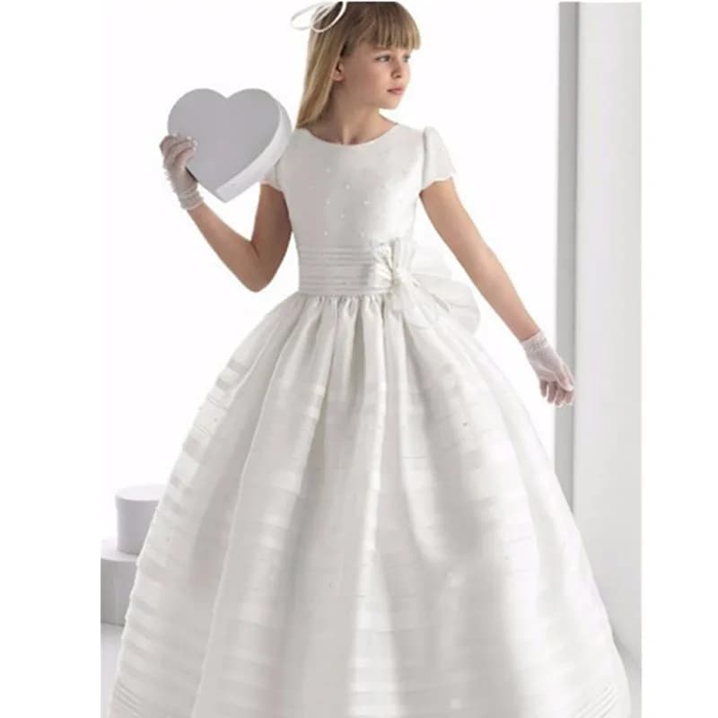 White Soft Satin Pearls Elegant Girl First Communion Dress Concert Wedding Party Short Sleeves Junior Bridesmaid Gown