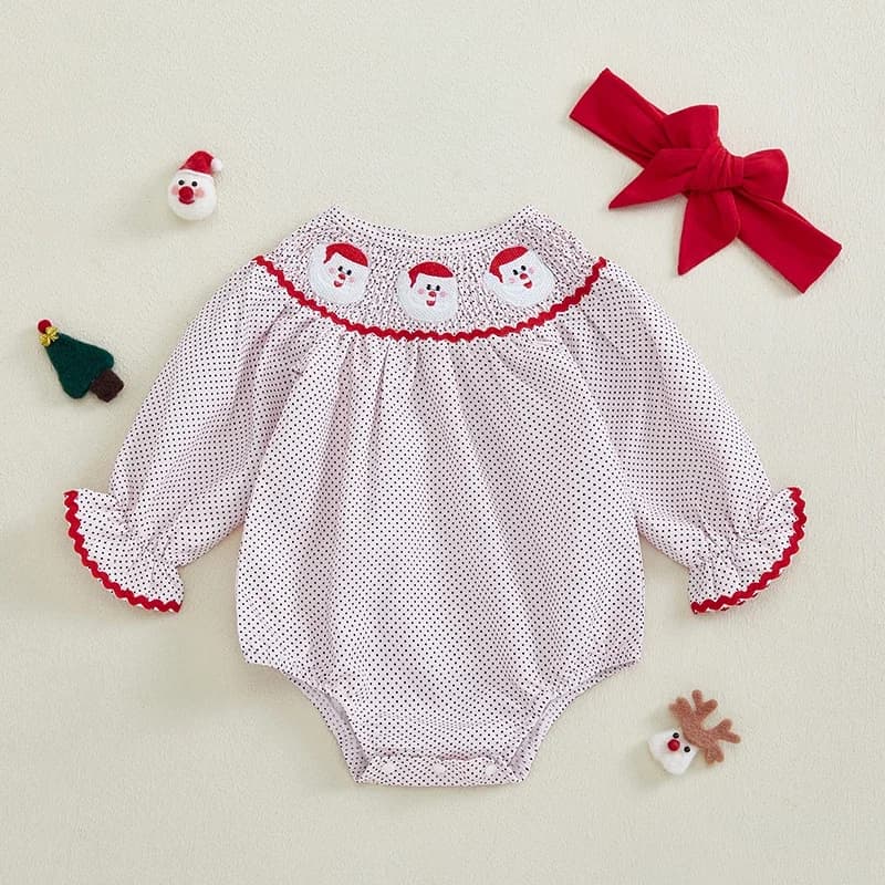 Newborn Baby Girls Christmas Rompers Snowman Santa Claus Embroidery Dot Print Long Sleeve Jumpsuits Headband Xmas Outfits