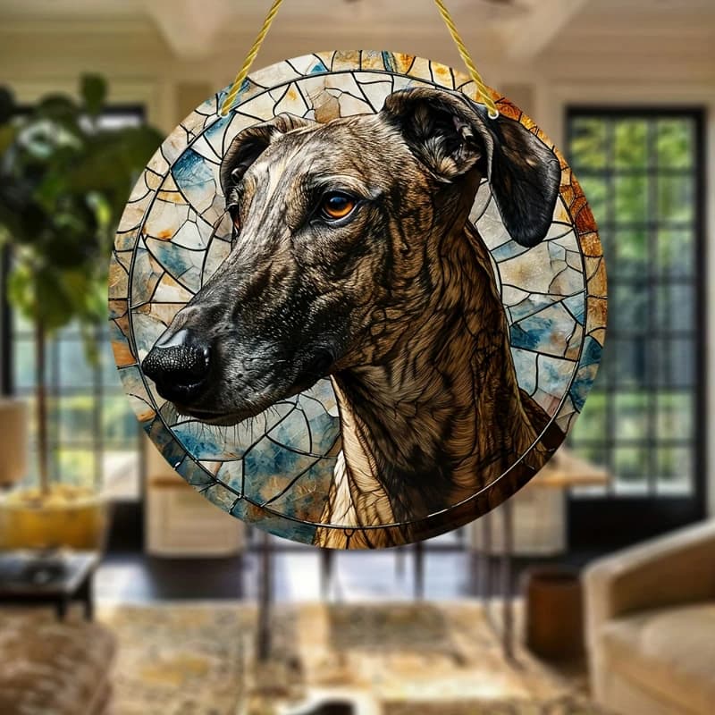 Spanish Greyhound Loyal Companion Dog Stained Window Hanging SunCatcher Sunshade Lover Gift for Family Friend Acrylic Round Sign