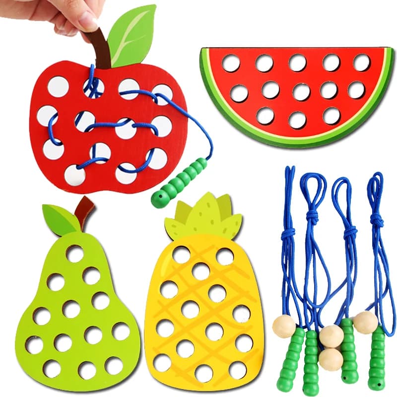 Wooden Lacing Toy Educational Fruits Threading Activity Puzzles Learning Fine Motor Skill Car Travel Toy Set for Toddlers Kids