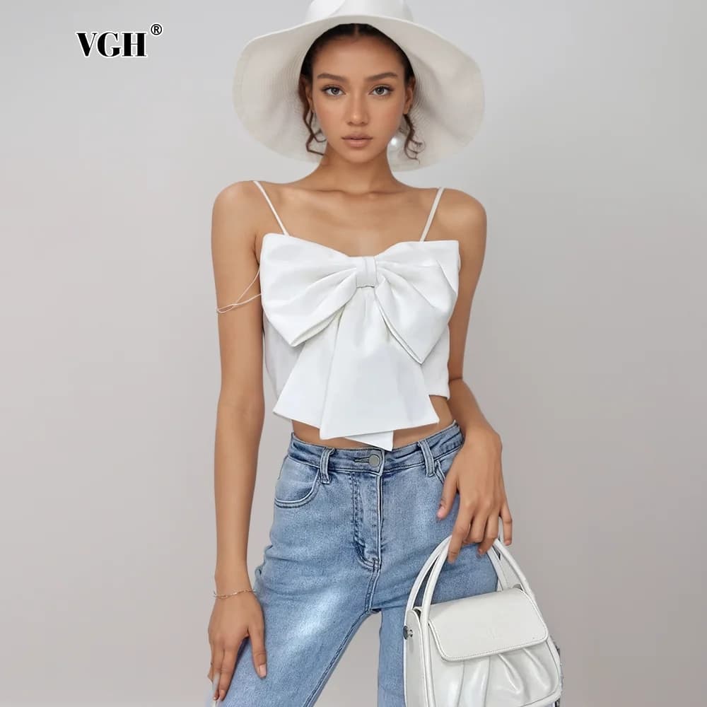 VGH Sweet Temperament Patchwork Bowknot For Women Vest Square Collar Sleeveless Solid Chic Tunic Tank Tops Female Fashion New