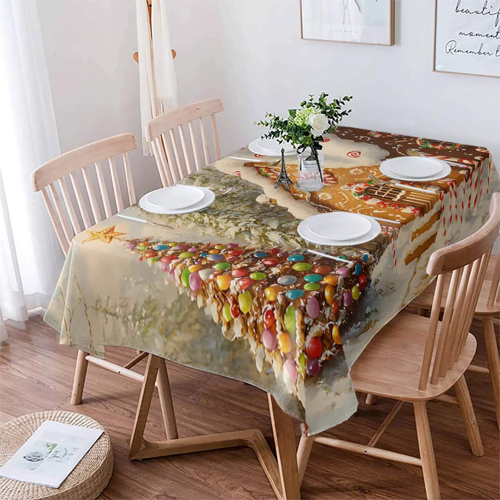 Christmas Tree Gingerbread House Fairy Tale Tablecloths Waterproof Kitchen Coffee Table For Living Room Home Decor Dining Table