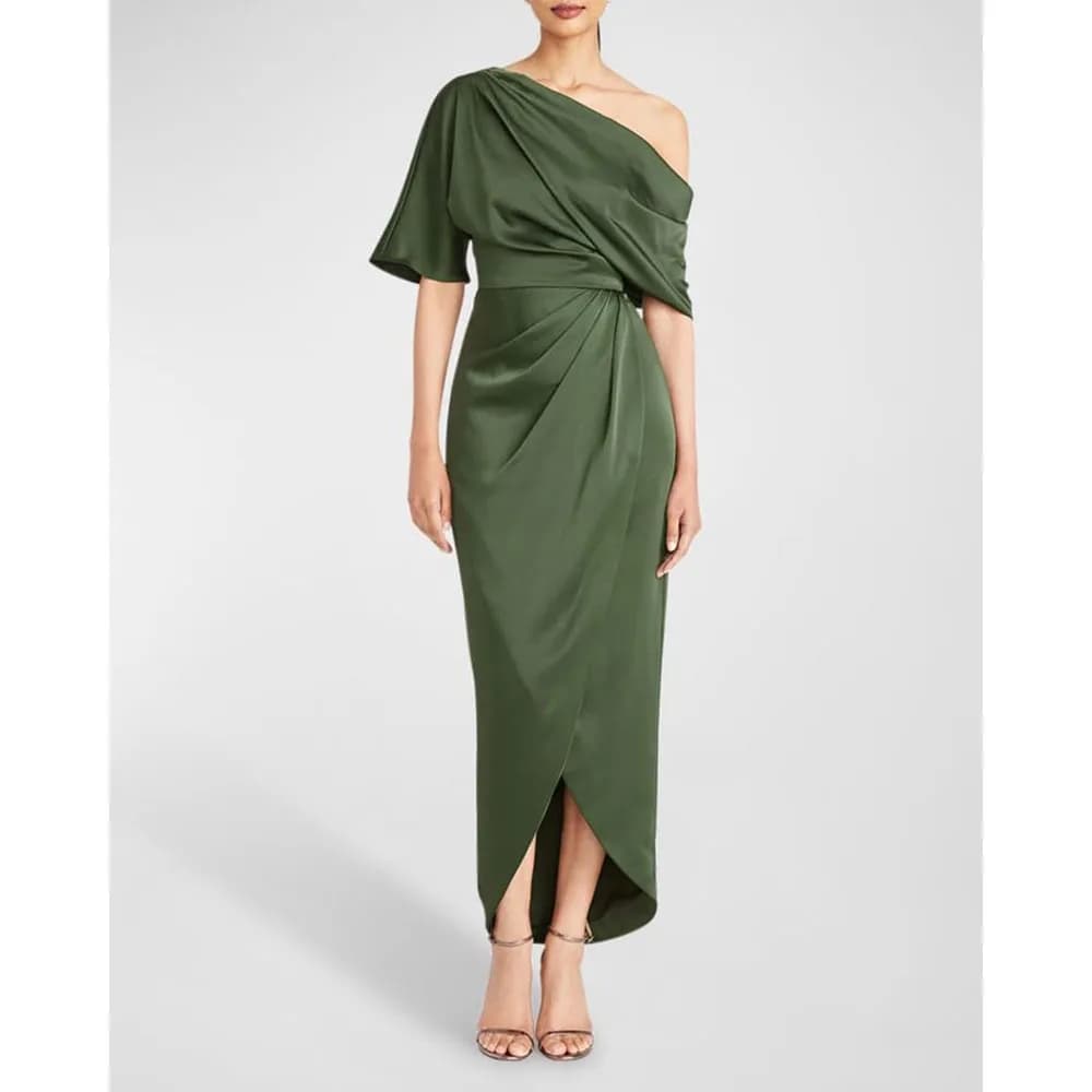 Elegant Simple Green Women Prom Dresses Ankle Length Slim Fit One Shoulder Sleeve High Quality Fashion Chic Evening Party Gowns